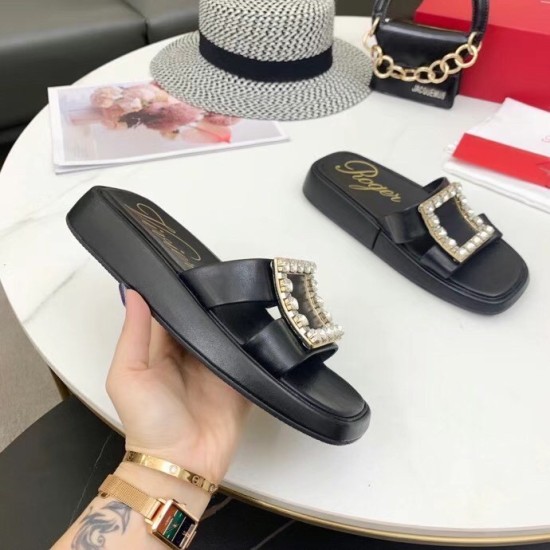 replica Roger Vivier Vivier Slide Strass Buckle Mules in Black Leather UK