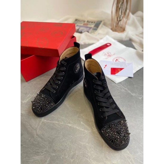 Christian Louboutin Men's Pik Pik Strass Suede High-Top Sneakers Black top-down pair view