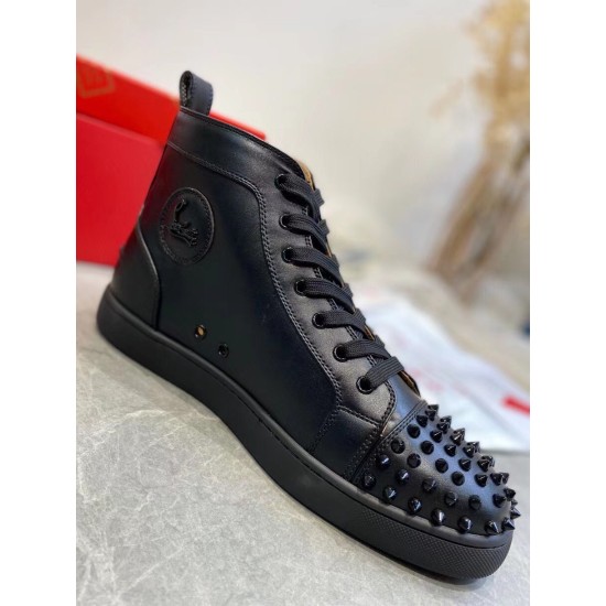 Christian Louboutin Men's Black Spiked High-Top Sneakers Inner Side View Inner side view of Christian Louboutin Men's Black Leather Spiked High-Top Sneakers with circular emblem and eyelets