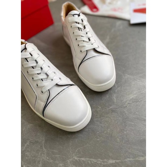 Top-down toe box view of Christian Louboutin Vieirissima white leather trainers with lace-up closure in white and black