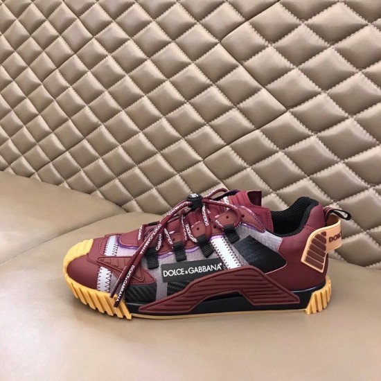 Dolce & Gabbana Bordeaux Red Fabric Trainer - Full Side Profile Full lateral side view of the bordeaux red fabric trainer on a neutral padded surface