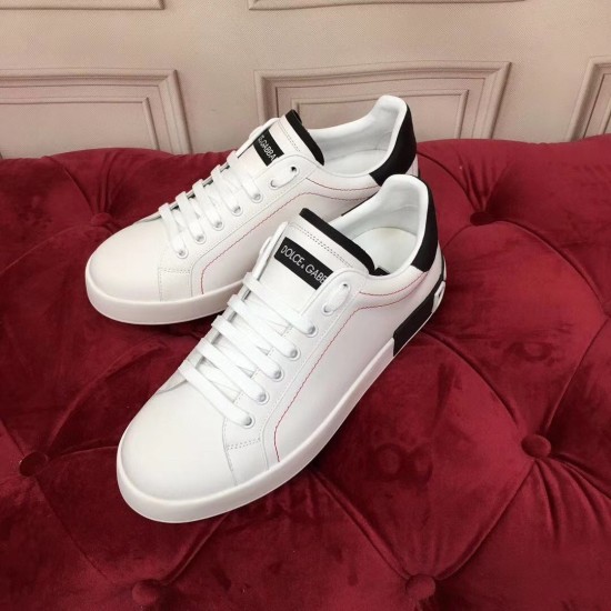 Top down angle of Dolce & Gabbana Portofino white leather trainers