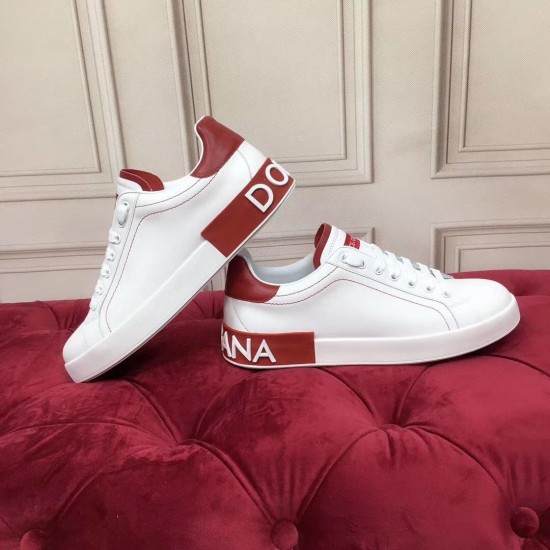 Dolce & Gabbana Portofino Trainers Heel and Profile View in white and red Side and rear view highlighting the red heel panel on Dolce & Gabbana leather trainers in white and red