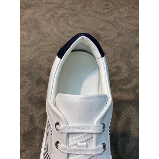 Hermes Avantage Leather Trainers Collar Detail in white and blue Close-up of white leather trainer eyelets, laces and padded collar in white and blue