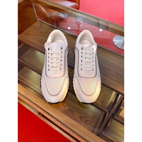 Hermes Addict White Perforated Leather Trainers Top Pair View Top-down front pair view of the white Hermes Addict low top trainers resting on a wooden display shelf