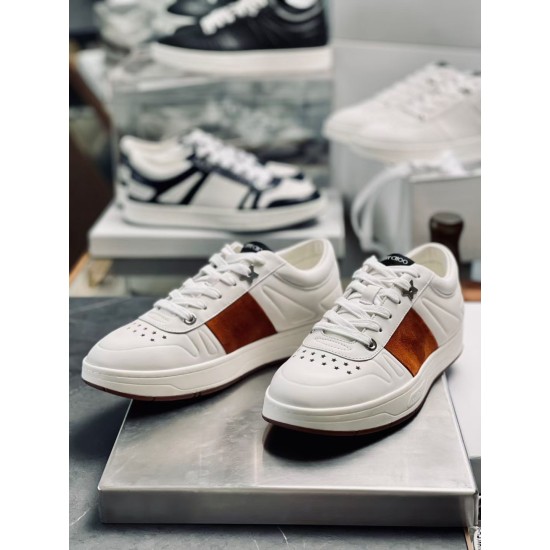 Jimmy Choo Leather Low Top Trainers White Brown Front Angle Jimmy Choo Leather Low Top Trainers White Brown front perspective pair