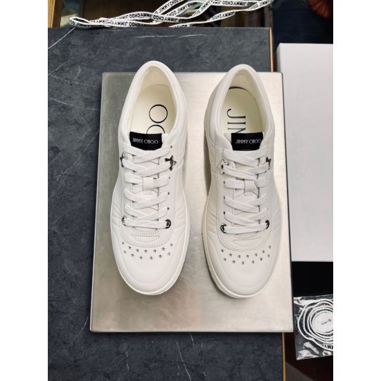 Jimmy Choo Hawaii White Trainers Overhead View Top-down view of both Jimmy Choo Hawaii white leather trainers