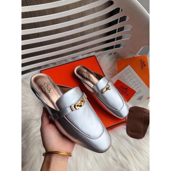 Replica Hermes 2850 H403 Buddha Luxury Replica Hermes Oz Mules In Silver Metallic Calfskin Uk - 2850 - Buddha Luxury