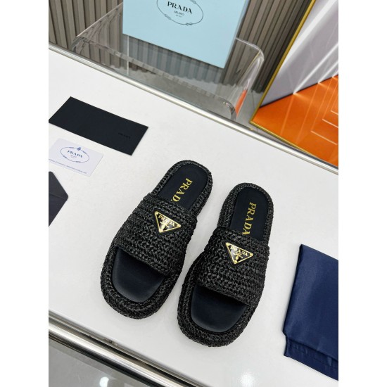 replica Prada Crochet Flatform Slides in Black Raffia-effect Yarn UK