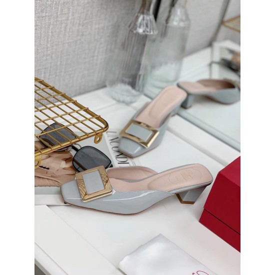 replica Roger Vivier Belle Vivier Metal Buckle Mules in Blue Patent Leather UK