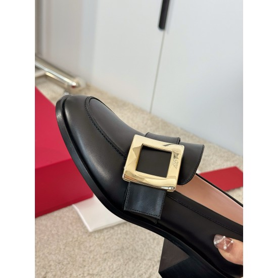 replica Roger Vivier Viv Rangers Metal Buckle Loafers in Black Leather UK