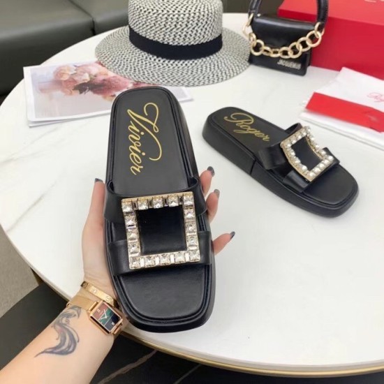 replica Roger Vivier Vivier Slide Strass Buckle Mules in Black Leather UK