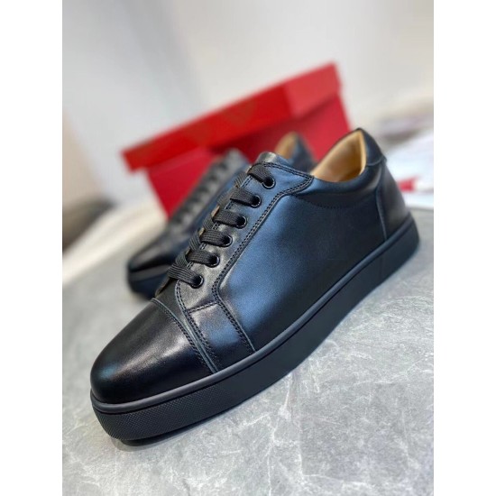 Christian Louboutin Louis Junior Flat Black Leather Trainer Profile Side profile perspective of Christian Louboutin Louis Junior Flat black leather trainer against a neutral backdrop