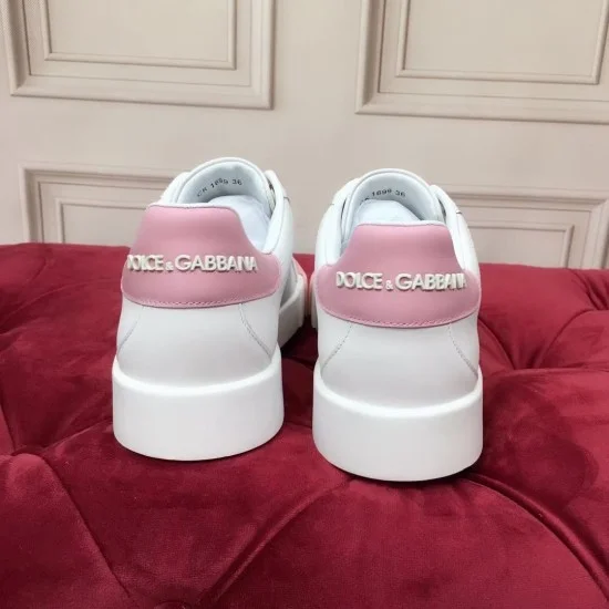 Dolce & Gabbana Portofino White Leather Trainers Rear Heel Tab View in white and pink Dolce & Gabbana Portofino white leather trainers rear view showing pink heel tabs
