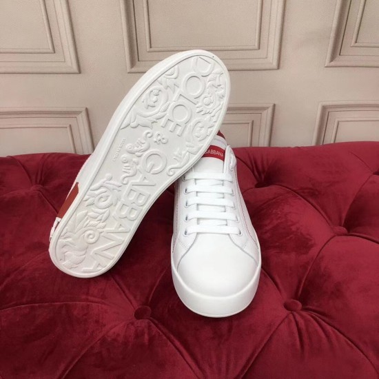 Dolce & Gabbana Portofino Trainers Sole and Front View in white and red Sole and front view of the Dolce & Gabbana white and red leather trainers showing embossed tread details