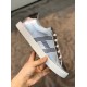 Hermes Avantage Metallic Silver Trainer Side View Side profile view of the metallic silver leather trainer displaying graphic side stripes
