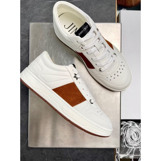 Jimmy Choo Leather Low Top Trainers White Brown Side Profile Jimmy Choo Leather Low Top Trainers White Brown resting side profile pair view