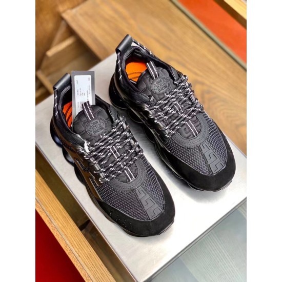 Versace Chain Reaction Trainers Black Top View Top-down view of black Versace Chain Reaction trainers showing laces and mesh