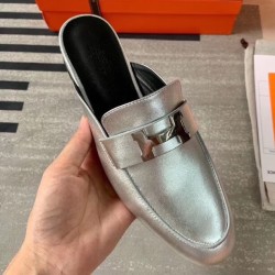 Hermes Trocadero Mules In Silver Nappa Leather UK