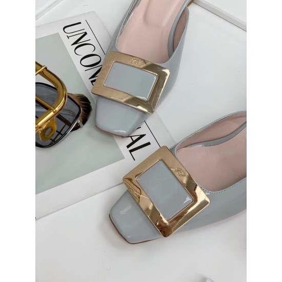 replica Roger Vivier Belle Vivier Metal Buckle Mules in Blue Patent Leather UK
