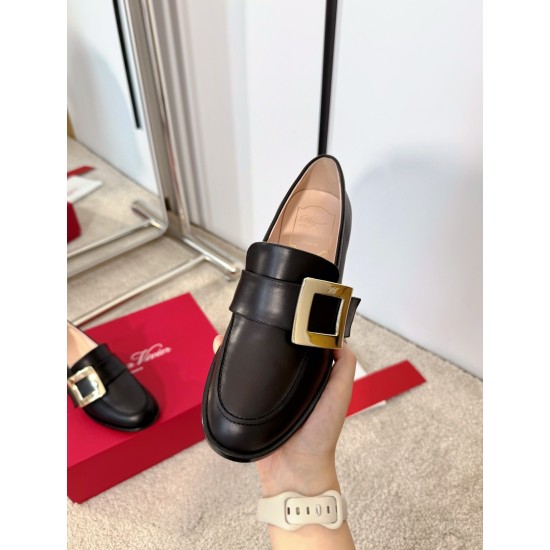 replica Roger Vivier Viv Rangers Metal Buckle Loafers in Black Leather UK