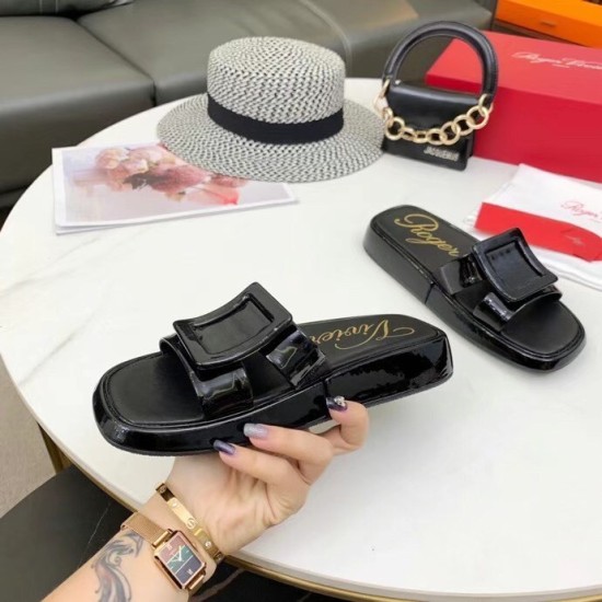 replica Roger Vivier Vivier Slide Covered Buckle Mules in Black Patent Leather UK