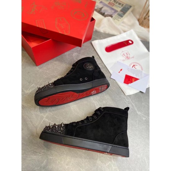 Christian Louboutin Men's Pik Pik Strass Suede High-Top Sneakers Black lateral view showing red sole