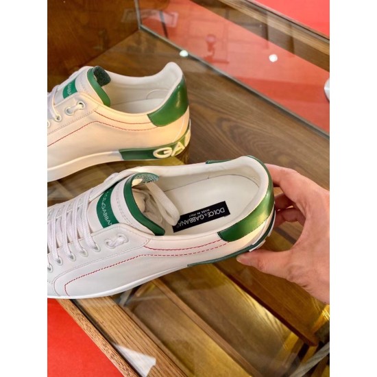 Dolce & Gabbana Portofino White Trainer Insole View in white and green Top-down view of white leather Portofino trainer showing branded inner sole and green tongue detail