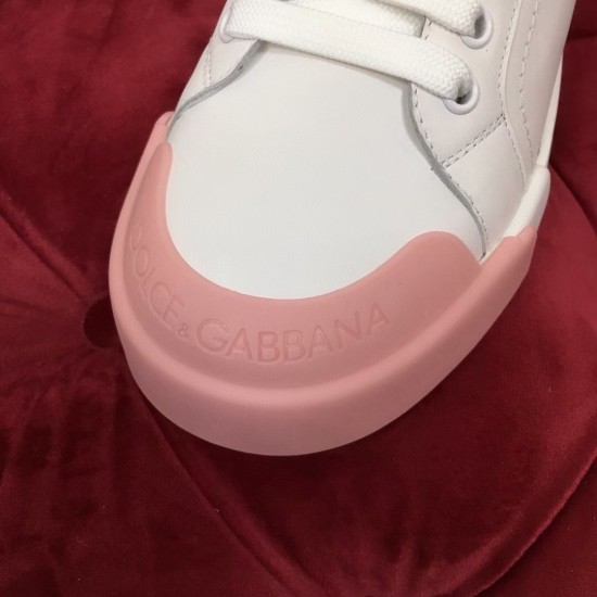 Dolce & Gabbana Portofino White Leather Trainers Pink Toe-Cap Detail Dolce & Gabbana Portofino white leather trainers pink rubber toe-cap close-up
