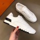 White Trail Trainers Top View in white and black Top-down view of white leather trainers showcasing lace placement and smooth toe box detail in white and black