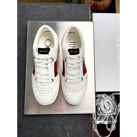 Jimmy Choo Leather Low Top Trainers White Brown Overhead View Jimmy Choo Leather Low Top Trainers White Brown top-down overhead pair view