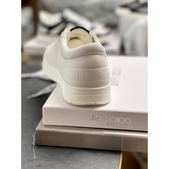 Jimmy Choo Hawaii White Trainer Heel View Rear angle of Jimmy Choo Hawaii white trainer resting on brand shoe box