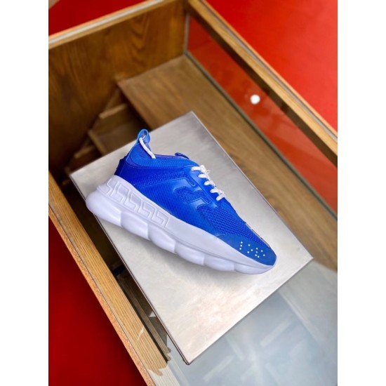 Versace Chain Reaction Blue Trainer Lateral View in blue and white Lateral side view of a blue Versace Chain Reaction trainer on display in blue and white