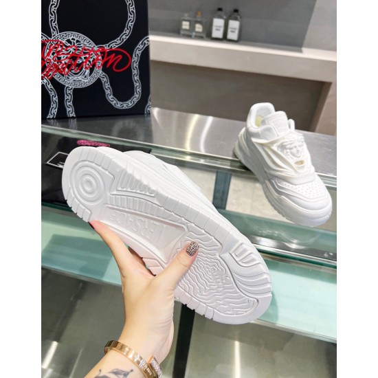 Underside rubber sole view of Versace Odissea white leather trainer