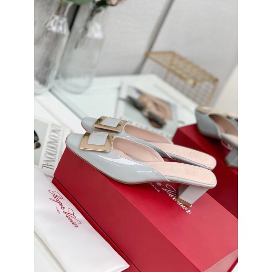 replica Roger Vivier Belle Vivier Metal Buckle Mules in Blue Patent Leather UK