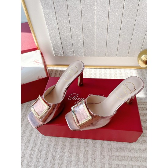 replica Roger Vivier Trompette Metal Buckle Mules in Pink Metallic Leather UK