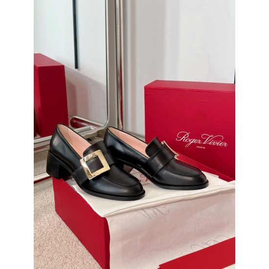 replica Roger Vivier Viv Rangers Metal Buckle Loafers in Black Leather UK
