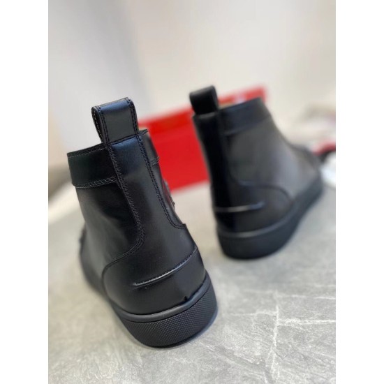 Christian Louboutin Men's Black Spiked High-Top Sneakers Heel Detail Rear view of Christian Louboutin Men's Black Leather Spiked High-Top Sneakers featuring smooth leather heel panels