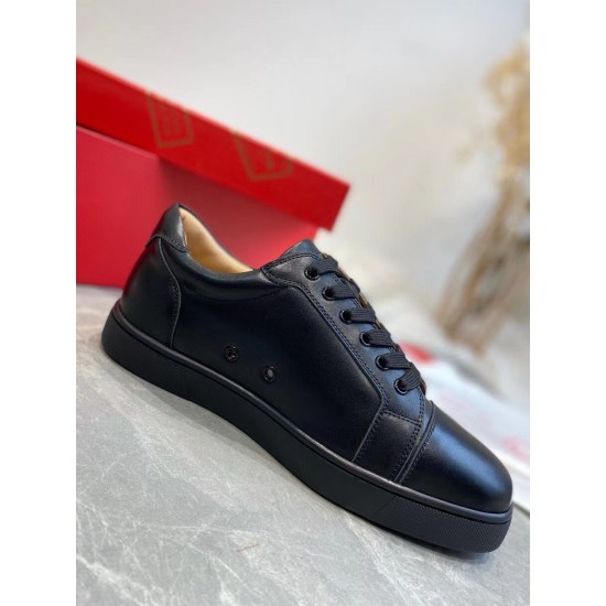 Christian Louboutin Louis Junior Flat Black Leather Trainer Side View Side profile of a Christian Louboutin Louis Junior Flat black leather low top trainer displaying ventilation eyelets and midsole