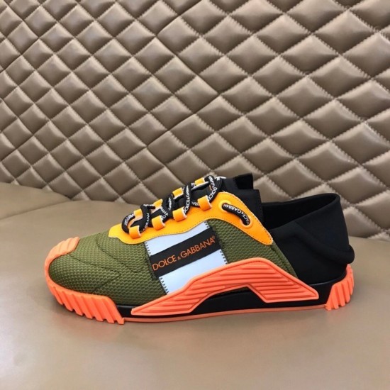 Dolce & Gabbana Mesh Trainer Lateral Side View in green and orange Lateral view of Dolce & Gabbana mesh trainer in green, orange and black