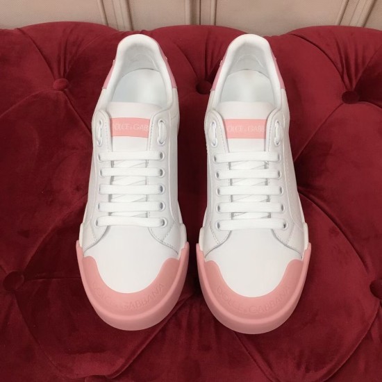 Dolce & Gabbana Portofino White Leather Trainers With Pink Toe-Cap Overhead View Dolce & Gabbana Portofino white leather trainers with pink toe-cap overhead view