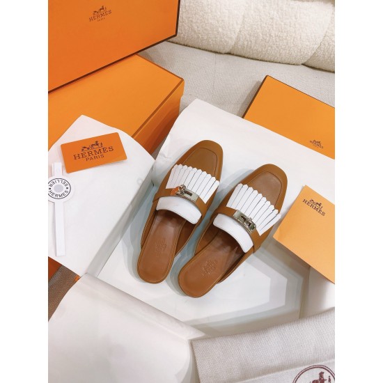 replica hermesoz mules with fringed in brown/white leather uk