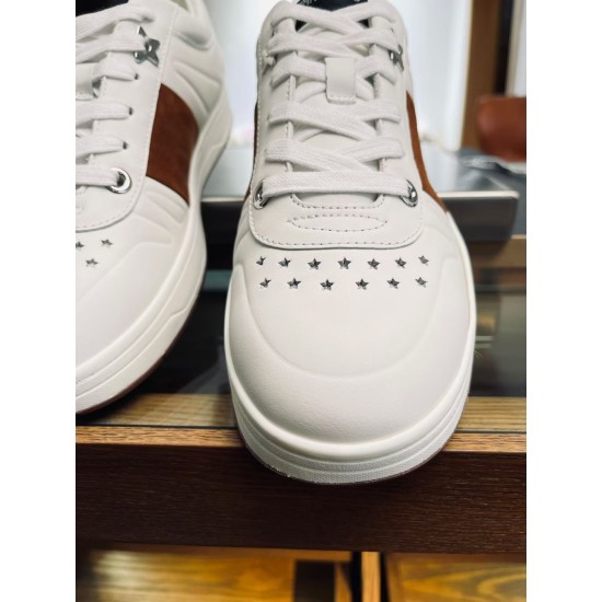 Jimmy Choo Leather Low Top Trainers White Brown Toe Perforations Jimmy Choo Leather Low Top Trainers White Brown star perforated toe close-up