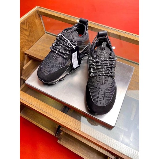 Versace Chain Reaction Black Trainers Pair View Pair of black Versace Chain Reaction mesh trainers top front view