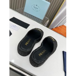 Prada Crochet Flatform Slides in Black Raffia-effect Yarn UK