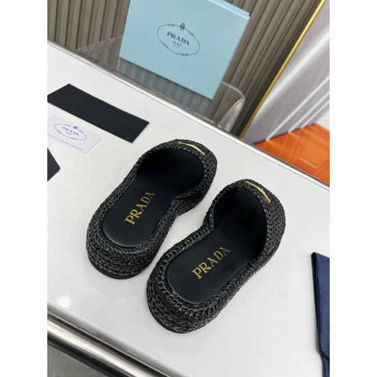 replica Prada Crochet Flatform Slides in Black Raffia-effect Yarn UK