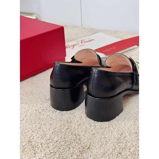replica Roger Vivier Viv Rangers Metal Buckle Loafers in Black Leather UK