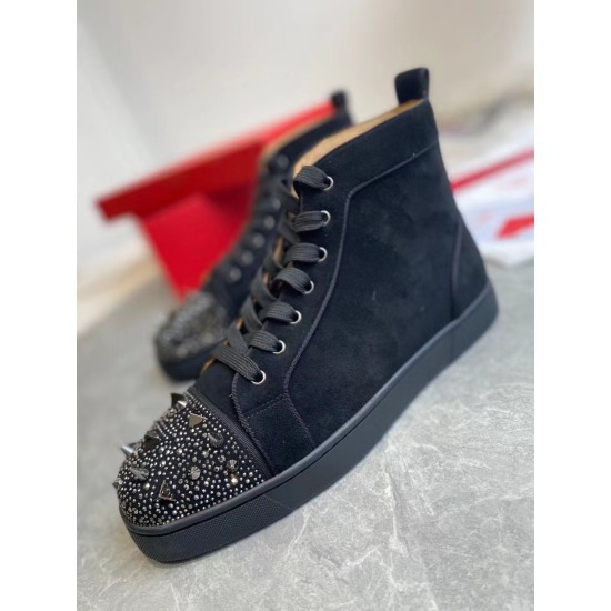 Christian Louboutin Men's Pik Pik Strass Suede High-Top Sneakers Black angled front view
