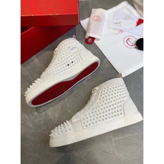 Christian Louboutin Louis Spikes Flat white leather high-tops side profile and red sole