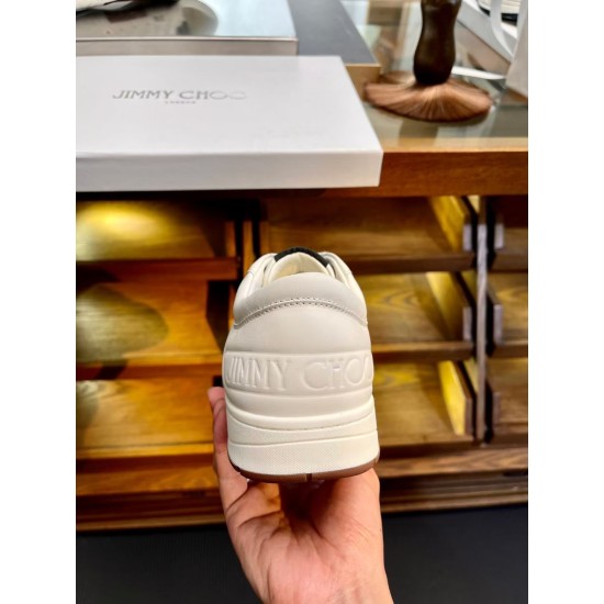 Jimmy Choo Leather Low Top Trainers White Brown Heel Detail Jimmy Choo Leather Low Top Trainers White Brown embossed heel close-up